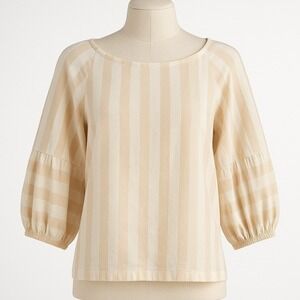 Linen Puff Sleeve Peasant Top Size XS White Tan Striped Boho Romantic Coastal
